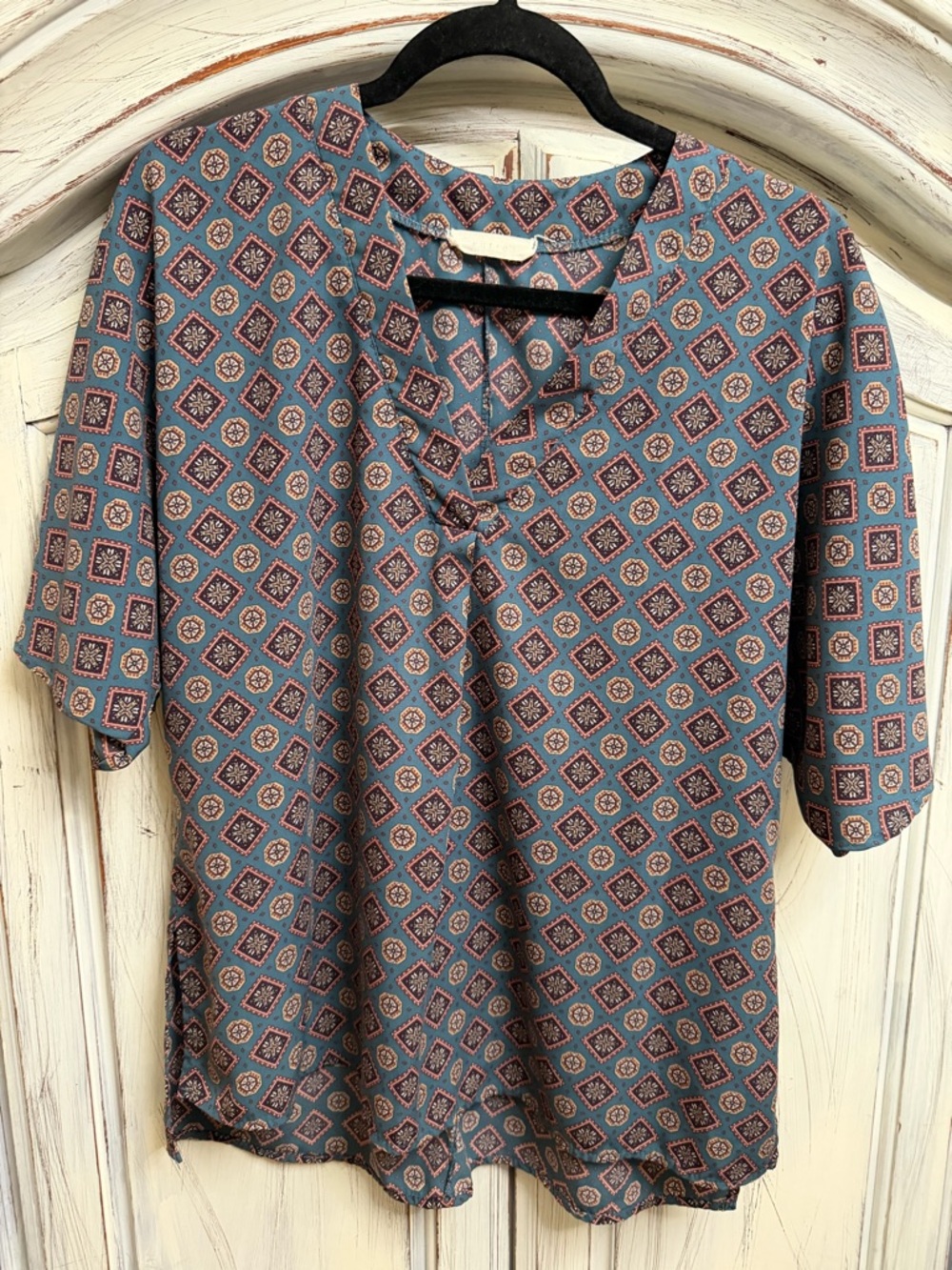 Boutique Entro Boho Printed Blouse Medium Teal Rust 3/4 Sleeve Tunic Top